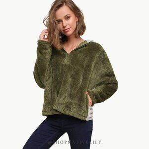 NWT Umgee Fuzzy Knit Half-Zip Hooded Pullover Sweater Sz Medium, Olive/Gray